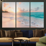 36554-MGV-CV-36X24-Tropical Beach Sunset Wall Art – Ocean Waves and Palm Canvas Print, Coastal Seascape Photography Decor for Living Room, Bedroom,