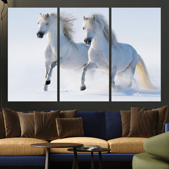 80145-MGV-CV-36X24-White Horses Running Snow Wall Art – Majestic Equine Canvas Print, Winter Nature Photography Decor for Living Room, Office,