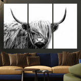 51957-MGV-CV-36X24-Highland Cow Wall Art – Black and White Scottish Highland Bull Canvas Print, Rustic Farmhouse Animal Decor for Living Room,