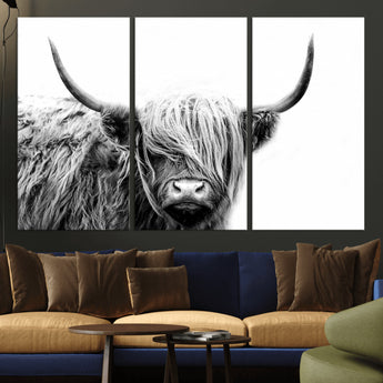 51957-MGV-CV-36X24-Highland Cow Wall Art – Black and White Scottish Highland Bull Canvas Print, Rustic Farmhouse Animal Decor for Living Room,