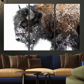 24304-MGV-CV-36X24-Bison Wall Art Canvas Print, Framed Winter Bison Art Picture Print, Snowy Buffalo Perfect Rustic Farmhouse Decor Artwork
