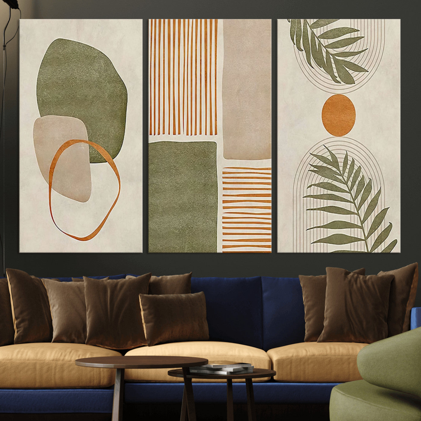 96002-MGV-CV-36X24-Abstract Geometric Wall Art – Modern Canvas Print with Green, Orange & Beige Shapes, Minimalist Home Decor for Living Room, Office