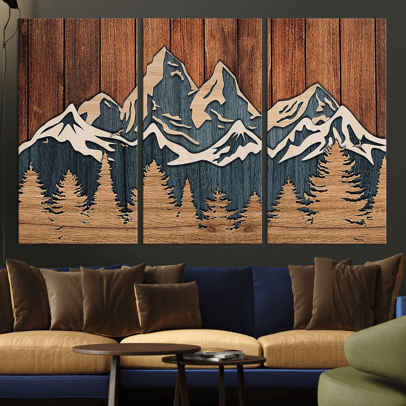 41330-MGV-CV-36X24-Rustic Mountain Wall Art – Wooden Nature Scene with Trees and Peaks, Handmade 3D Layered Decor for Living Room, Cabin or Office