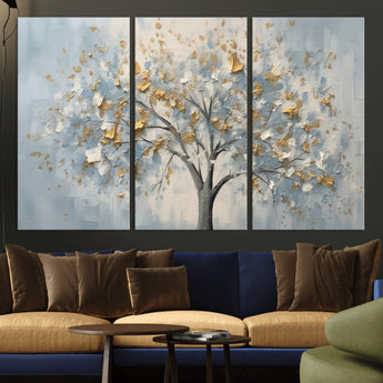 65811-MGV-CV-36X24-Abstract Tree Wall Art – Textured Canvas Painting with Gold and White Leaves, Modern Nature Inspired Decor for Living Room or