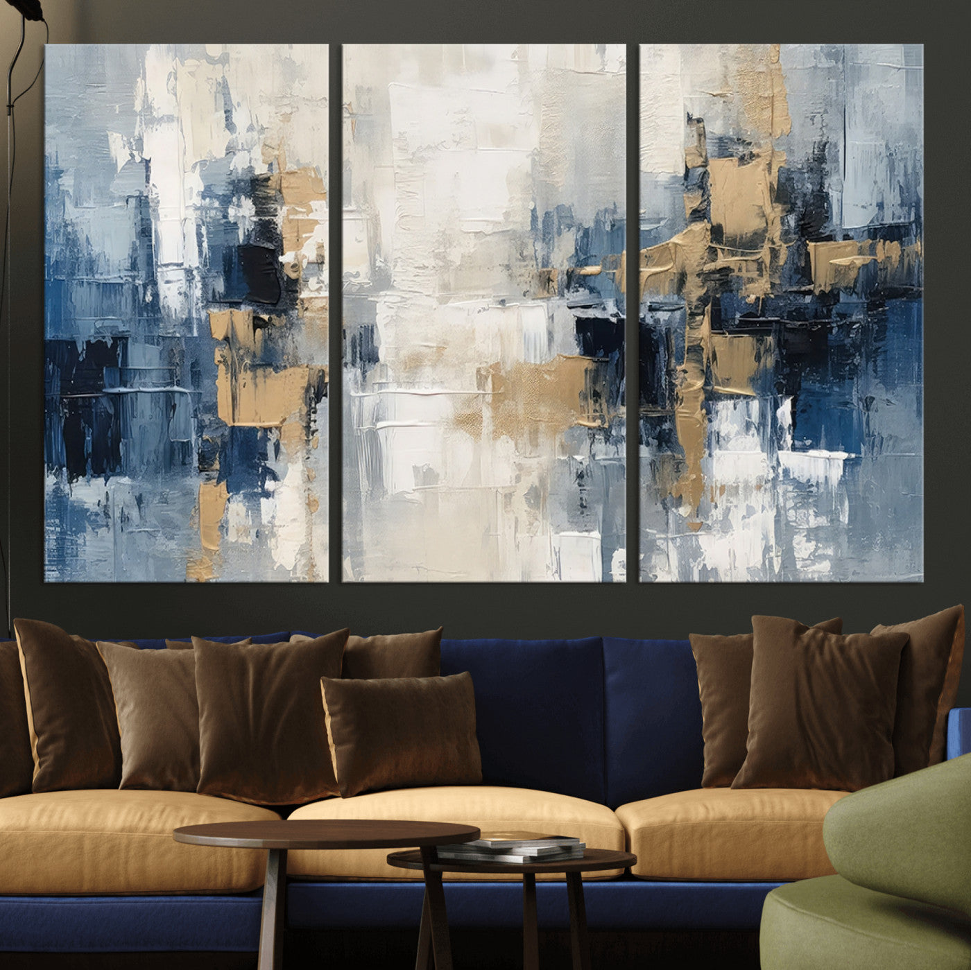 44344-MGV-CV-36X24-Abstract Blue and Gold Wall Art – Modern Hand Painted Canvas Print, Contemporary Textured Painting for Living Room, Bedroom or