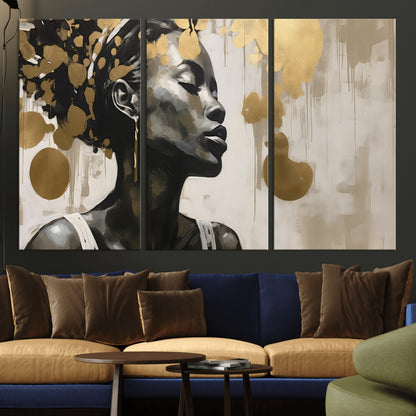 65669-MGV-CV-36X24-Elegant Black Woman Wall Art – Modern Abstract Portrait Canvas with Gold Accents, Contemporary Afrocentric Decor for Living Room