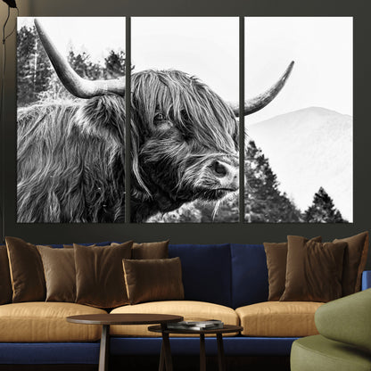 61570-MGV-CV-36X24-Highland Cow Wall Art – Black and White Scottish Bull Canvas Print, Rustic Farmhouse Animal Decor for Living Room, Bedroom, or