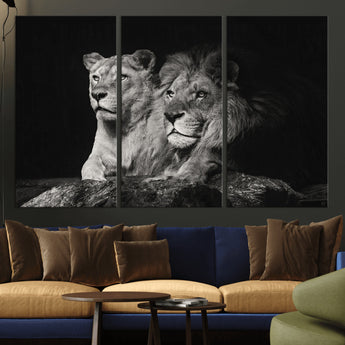 80013-MGV-CV-36X24-Lion and Lioness Wall Art – Black and White Wildlife Photography Canvas Print, African Safari Animal Decor for Office, Bedroom, or