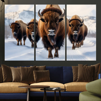 56701-MGV-CV-36X24-Bison Herd Wall Art – Buffalo Walking in Snowy Mountains Canvas Print, Rustic Wildlife Decor for Cabin, Lodge, or Living Room