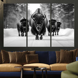 45287-MGV-CV-36X24-Bison Herd Wall Art – Black and White Buffalo Snow Road Canvas Print, Rustic Wildlife Decor for Cabin, Lodge or Living Room