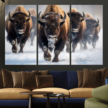 80512-MGV-CV-36X24-Bison Herd Wall Art – Buffalo Running in Snow Canvas Print, Rustic Wildlife Photography Decor for Cabin, Lodge, or Living Room