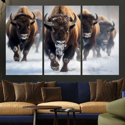 80512-MGV-CV-36X24-Bison Herd Wall Art – Buffalo Running in Snow Canvas Print, Rustic Wildlife Photography Decor for Cabin, Lodge, or Living Room