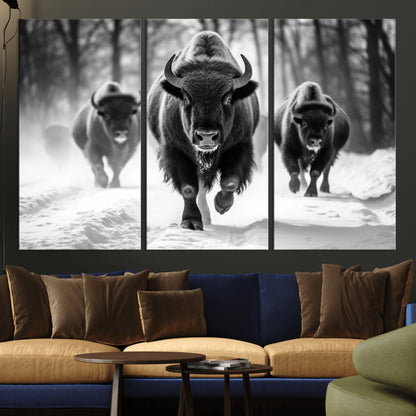 97552-MGV-CV-36X24-Black and White Bison Wall Art – Buffalo Herd Running in Snow Canvas Print, Rustic Wildlife Photography Decor for Cabin, Lodge, or