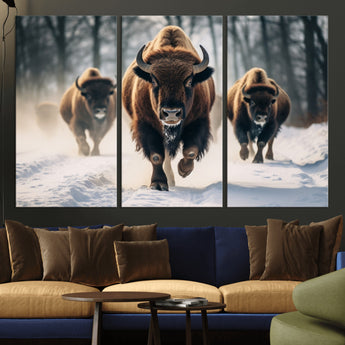 56549-MGV-CV-36X24-Wild Bison Wall Art – Majestic Buffalo Herd Running in Snow Canvas Print, Rustic Wildlife Photography Decor for Cabin, Lodge, or