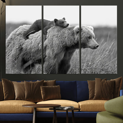 76338-MGV-CV-36X24-Mother Bear and Cub Wall Art – Black and White Wildlife Canvas Print, Rustic Nature Photography for Cabin, Living Room or Office