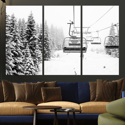 70609-MGV-CV-36X24-Snowy Ski Lift Wall Art – Black and White Winter Mountain Landscape Canvas Print, Rustic Lodge Decor for Cabin, Living Room or