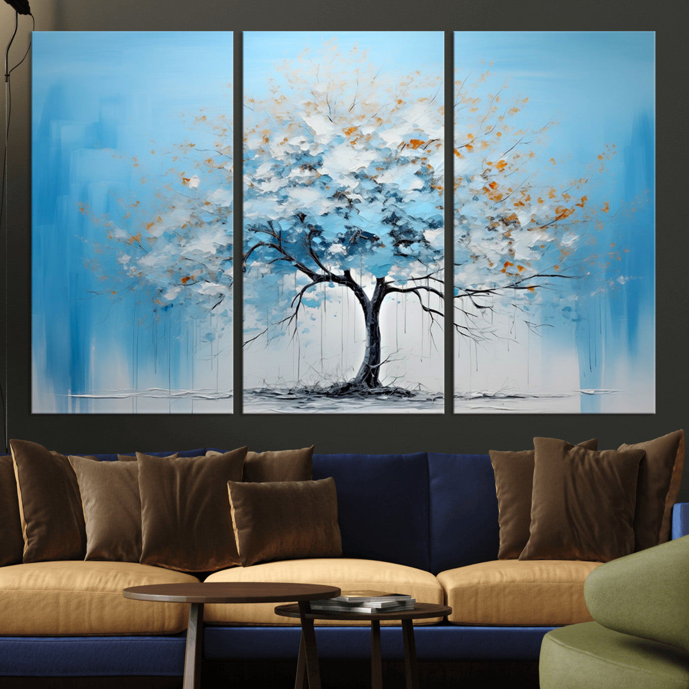 25021-MGV-CV-36X24-Abstract Tree Wall Art – Blue and White Canvas Painting with Gold Accents, Modern Nature-Inspired Artwork for Living Room, Bedroom