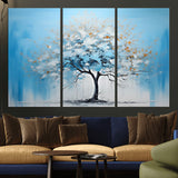 25021-MGV-CV-36X24-Abstract Tree Wall Art – Blue and White Canvas Painting with Gold Accents, Modern Nature-Inspired Artwork for Living Room, Bedroom