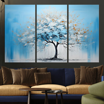 25021-MGV-CV-36X24-Abstract Tree Wall Art – Blue and White Canvas Painting with Gold Accents, Modern Nature-Inspired Artwork for Living Room, Bedroom