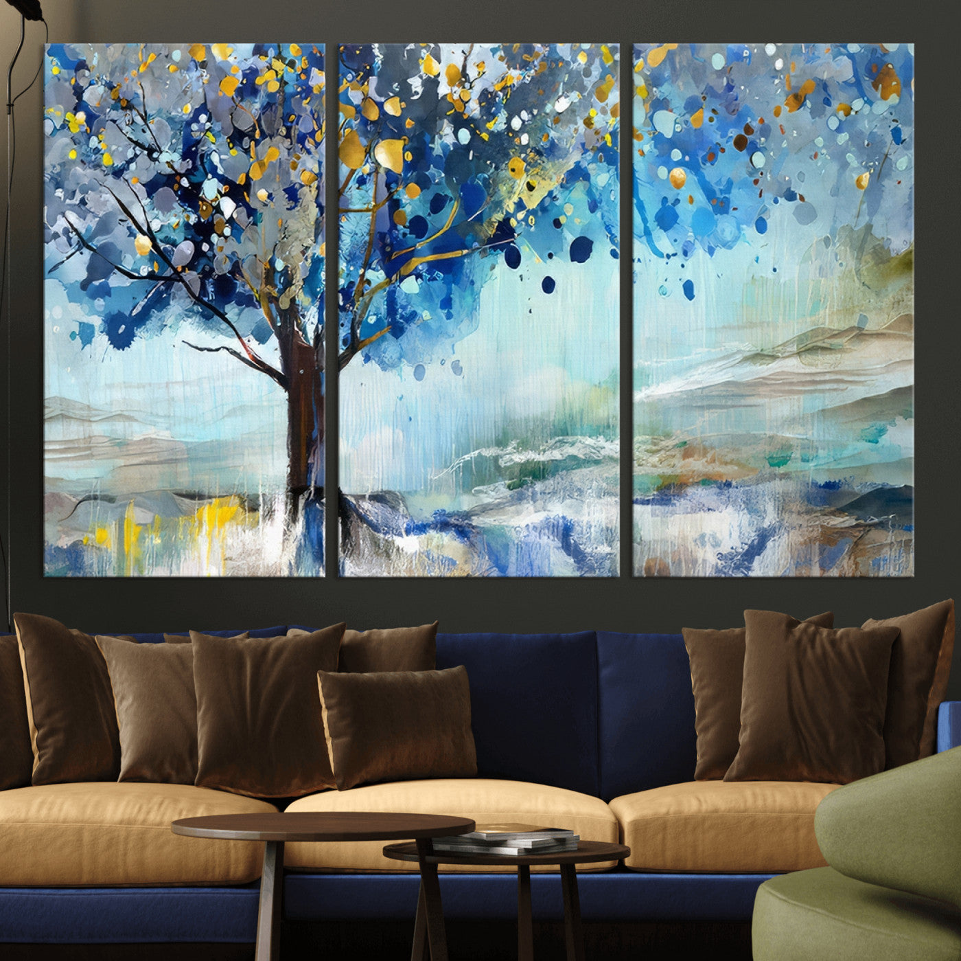 17018-MGV-CV-36X24-Abstract Blue Tree Wall Art – Colorful Canvas Painting with Gold and Silver Accents, Modern Nature Artwork for Living Room,