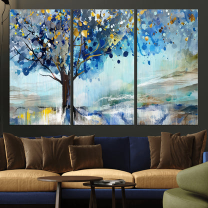17018-MGV-CV-36X24-Abstract Blue Tree Wall Art – Colorful Canvas Painting with Gold and Silver Accents, Modern Nature Artwork for Living Room,