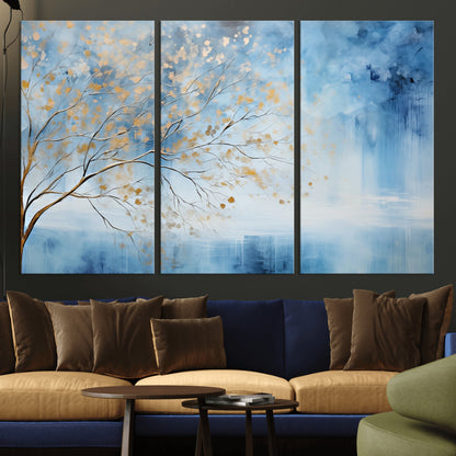 23891-MGV-CV-36X24-Abstract Tree Wall Art – Minimalist Blue and Gold Canvas Painting, Elegant Nature-Inspired Artwork for Living Room, Bedroom or