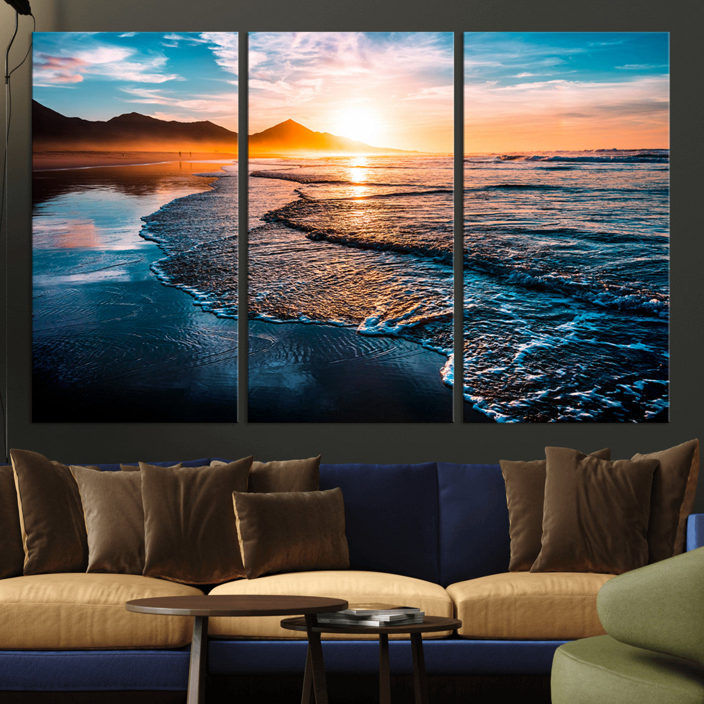 26494-MGV-CV-48X32-3P-Ocean Sunset Wall Art – Scenic Beach Canvas Print with Waves and Mountains, Coastal Seascape Photography for Living Room, Bedroom