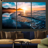 26494-MGV-CV-48X32-3P-Ocean Sunset Wall Art – Scenic Beach Canvas Print with Waves and Mountains, Coastal Seascape Photography for Living Room, Bedroom