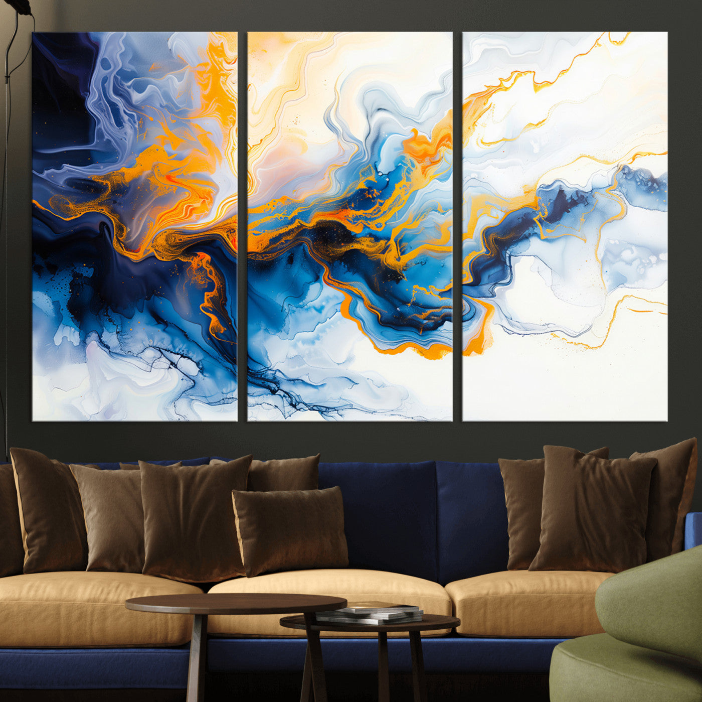 83720-MGV-CV-36X24-Abstract Fluid Wall Art – Blue, White and Gold Swirl Canvas Painting, Modern Contemporary Artwork for Living Room, Bedroom or