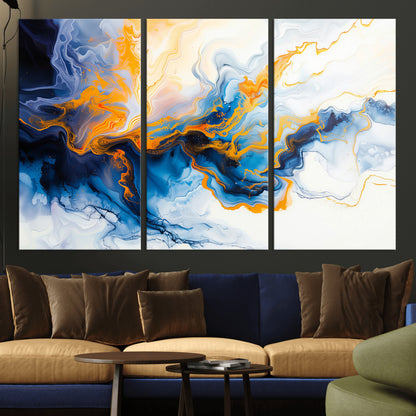 83720-MGV-CV-36X24-Abstract Fluid Wall Art – Blue, White and Gold Swirl Canvas Painting, Modern Contemporary Artwork for Living Room, Bedroom or