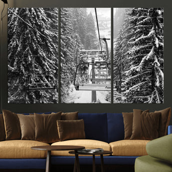 19240-MGV-CV-36X24-Ski Lift Wall Art – Black and White Winter Mountain Canvas Print, Snowy Forest Ski Resort Photography for Cabin, Lodge, Office or