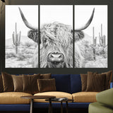 94579-MGV-CV-36X24-Highland Cow Wall Art – Black and White Longhorn Canvas Print, Rustic Western Farmhouse Animal Photography for Living Room,