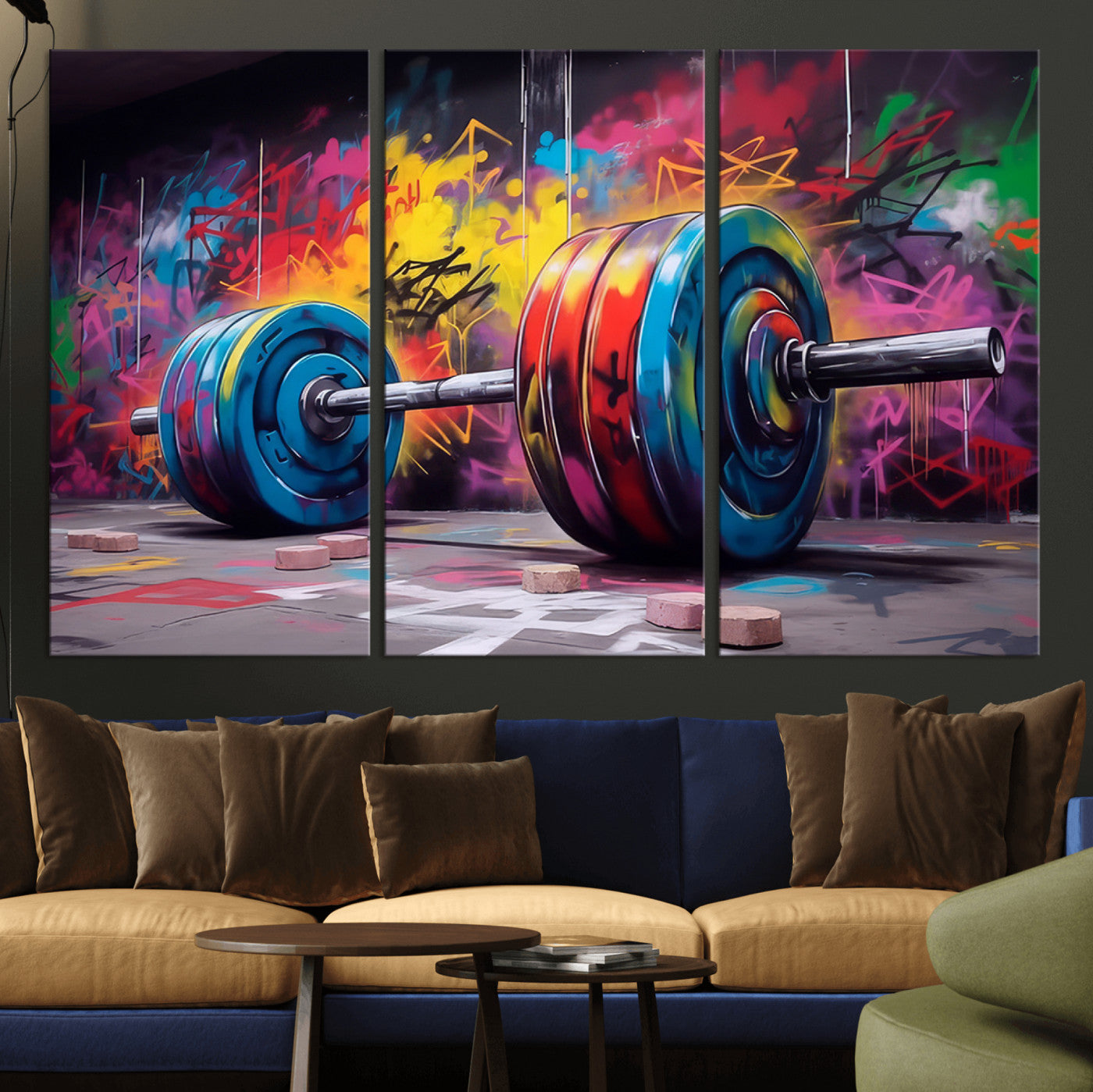13549-MGV-CV-48X32-3P-Graffiti Gym Wall Art Canvas Print, Framed Graffiti Barbell Art Picture Print, Weightlifting Perfect Fitness Studio Decor Artwork