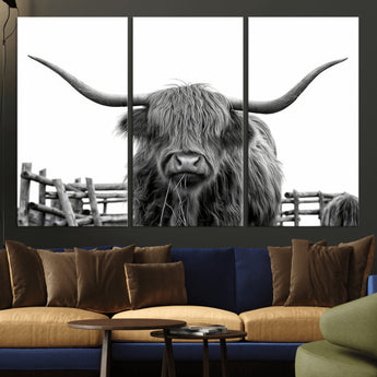 58188-MGV-CV-36X24-Highland Cow Wall Art – Black and White Rustic Farmhouse Canvas Print, Longhorn Cattle Photography Decor for Living Room or
