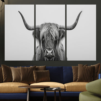 35820-MGV-CV-36X24-Minimalist Highland Cow Wall Art – Black and White Longhorn Cattle Canvas Print, Modern Farmhouse Animal Photography Decor for