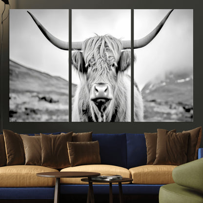 80564-MGV-CV-36X24-Highland Cow Wall Art – Black and White Scottish Highland Canvas Print, Rustic Farmhouse Decor for Living Room, Bedroom or Office