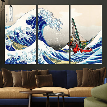 19450-MGV-CV-36X24-Great Wave Adventure Wall Art – Japanese Style Ocean Canvas Print, Fantasy Sailing Decor for Living Room, Bedroom or Office