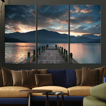 20442-MGV-CV-36X24-Lakeside Sunset Dock Wall Art – Peaceful Mountain Lake Canvas Print, Serene Nature Landscape Decor for Living Room, Bedroom or
