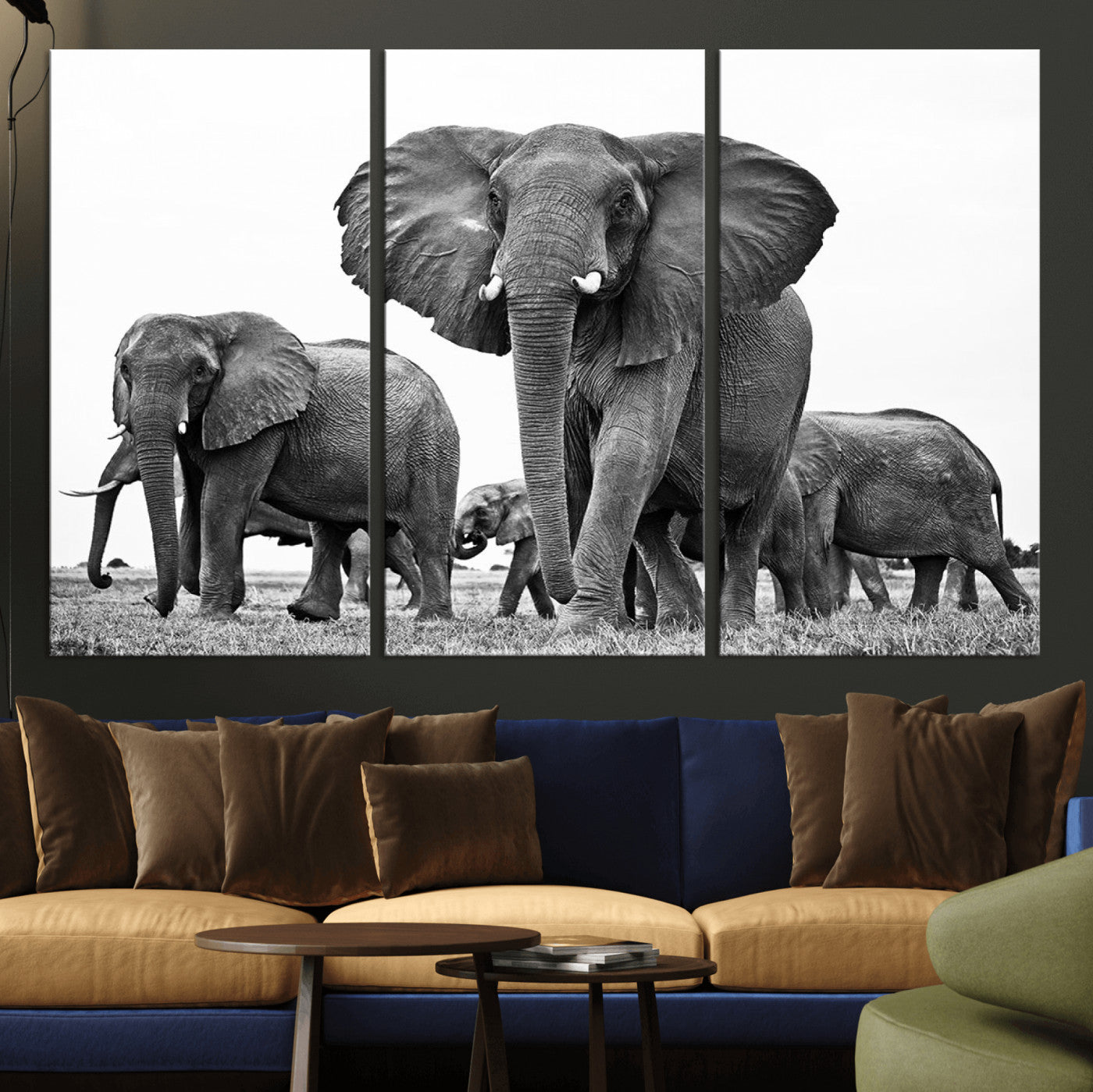 91685-MGV-CV-36X24-Elephant Herd Wall Art – Black and White Safari Canvas Print, African Wildlife Photography Decor for Living Room, Office or