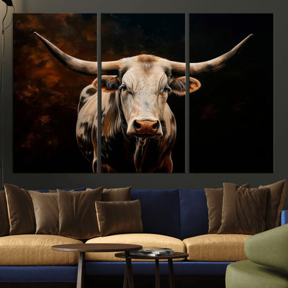 70522-MGV-CV-36X24-Longhorn Bull Wall Art – Striking Canvas Print of Majestic Bull, Premium Animal Decor for Home, Office, Man Cave, or Living Room