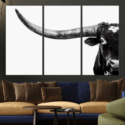 31699-MGV-CV-48X32-3P-Longhorn Wall Art – Black and White Texas Longhorn Cow Canvas Print, Rustic Western Farmhouse Artwork for Living Room, Bedroom or