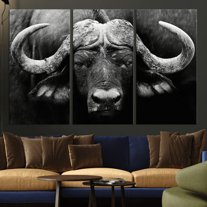 75273-MGV-CV-36X24-Buffalo Wall Art – Black and White African Buffalo Canvas Print, Rustic Wildlife Animal Artwork for Farmhouse, Living Room,