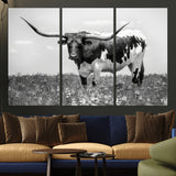 94709-MGV-CV-36X24-Texas Longhorn Wall Art – Black and White Bull Photography Canvas Print, Western Farmhouse Wall Decor for Living Room, Office or