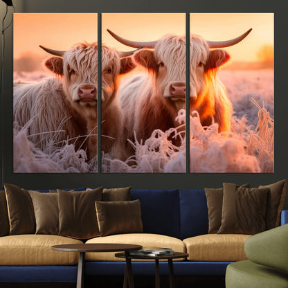 68253-MGV-CV-36X24-Highland Cow Wall Art – Rustic Farmhouse Cattle Canvas Print, Frosty Sunset Animal Artwork for Living Room, Bedroom or Country