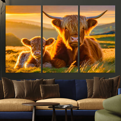 20567-MGV-CV-36X24-Highland Cow and Calf Wall Art – Rustic Farmhouse Sunset Cattle Canvas Print, Country Animal Artwork for Living Room, Bedroom, or