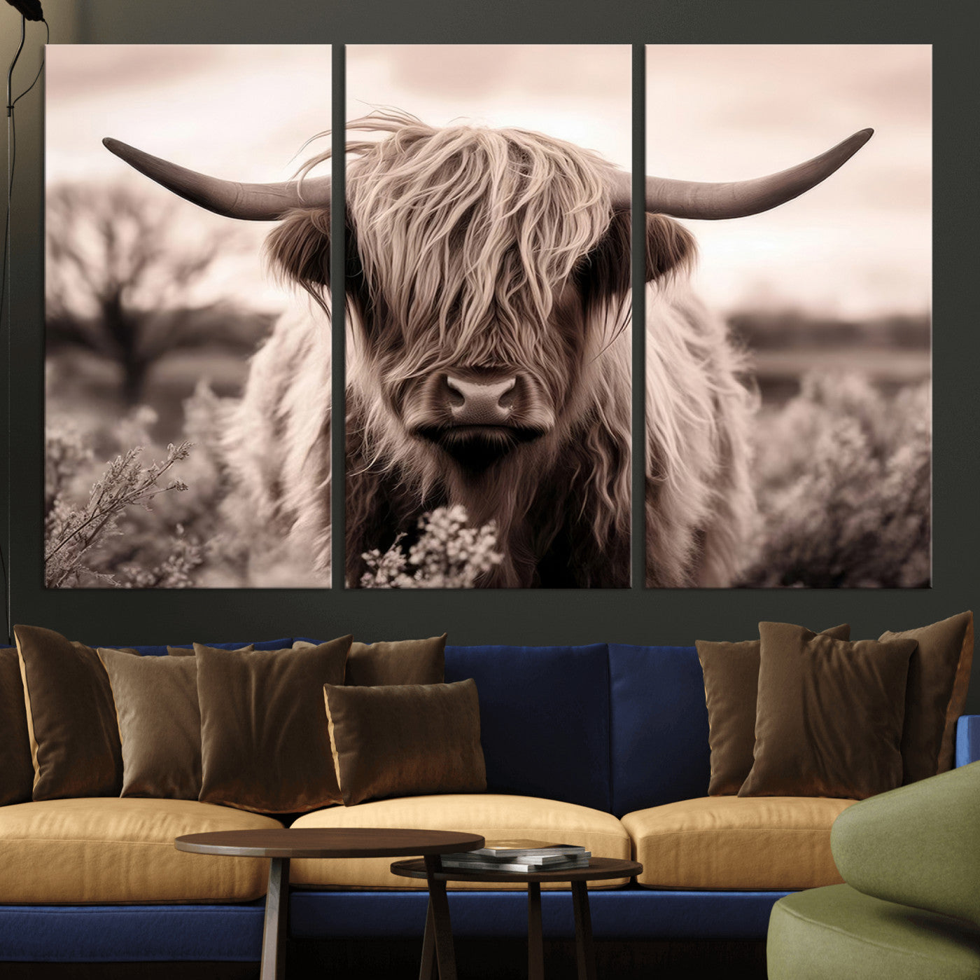 55903-MGV-CV-36X24-Highland Cow Wall Art – Rustic Sepia Scottish Highland Bull Canvas Print, Farmhouse Country Animal Decor for Living Room, Bedroom