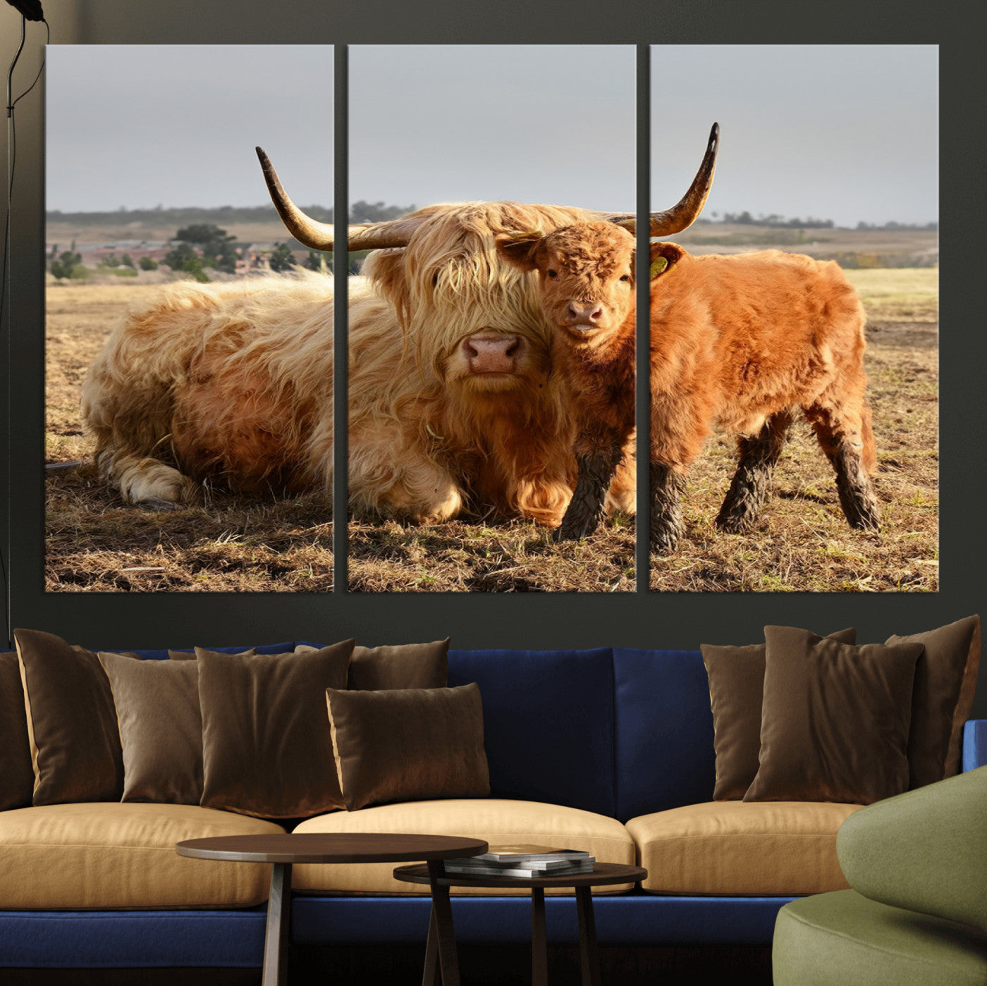 53461-MGV-CV-36X24-Highland Cow Family Wall Art – Rustic Farmhouse Animal Canvas Print, Country Decor for Living Room, Bedroom or Office, Calf and