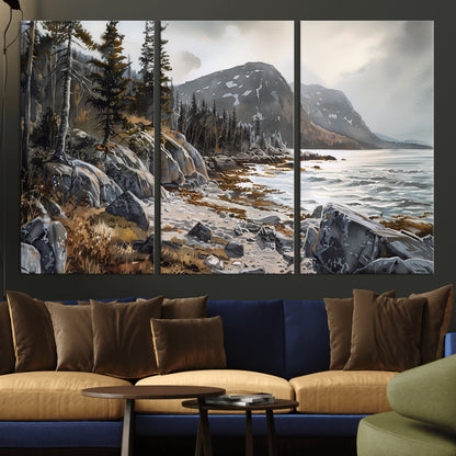 41281-MGV-CV-36X24-Rocky Shoreline Wall Art – Panoramic Mountain Coast and Forest Canvas Print, Rustic Nature Landscape Decor for Cabin, Lodge, or