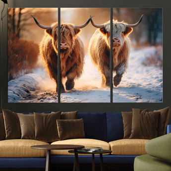 50490-MGV-CV-36X24-Highland Cow Wall Art – Rustic Panoramic Canvas Print Two Cattle Snowy Landscape, Farmhouse Country Decor for Living Room Office