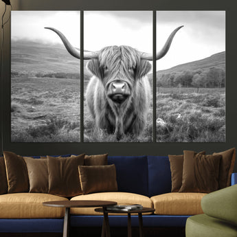 52903-MGV-CV-36X24-Highland Cow Wall Art – Black and White Canvas Print Rustic Cattle Portrait, Farmhouse Country Decor for Living Room, Office,